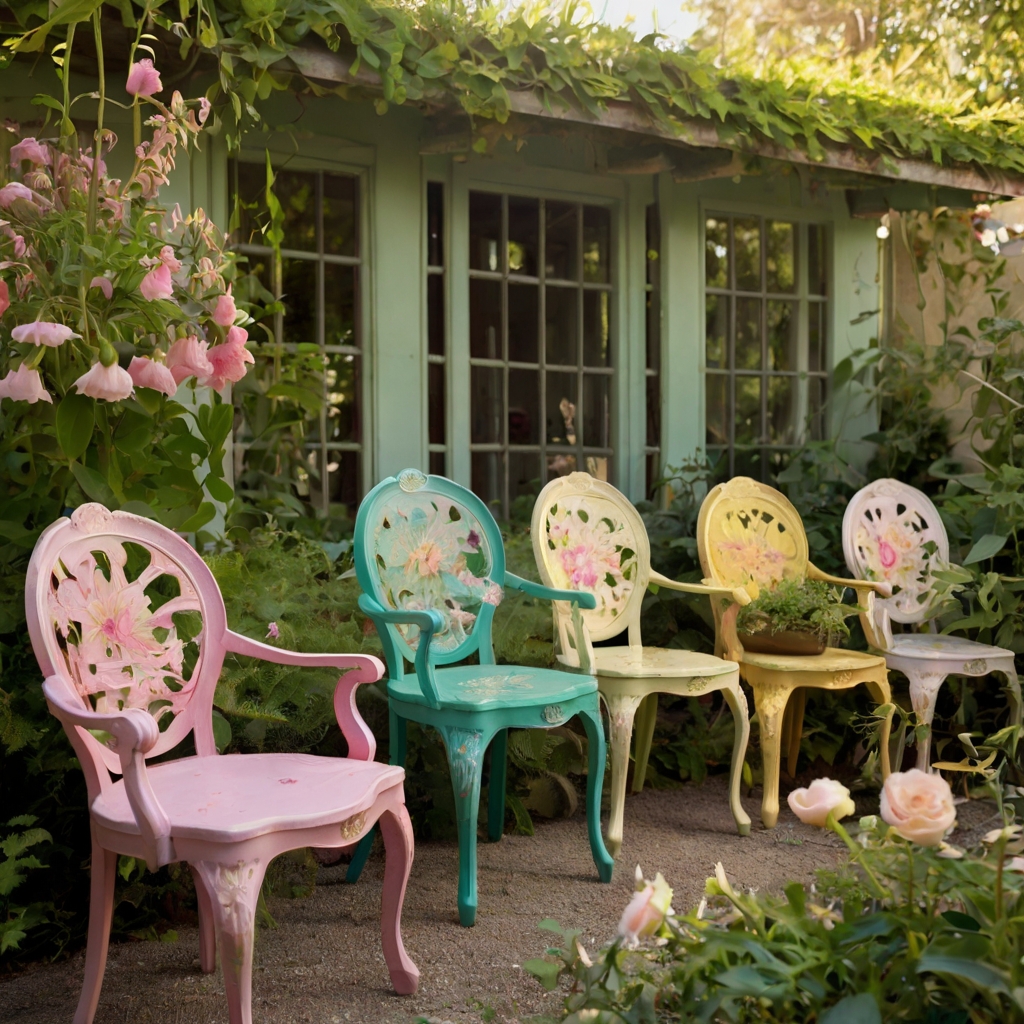 Floral-painted chairs in soft hues of pink, yellow, and green add a cheerful touch to a garden-inspired room. Natural light enhances their vibrant, hand-painted designs.
