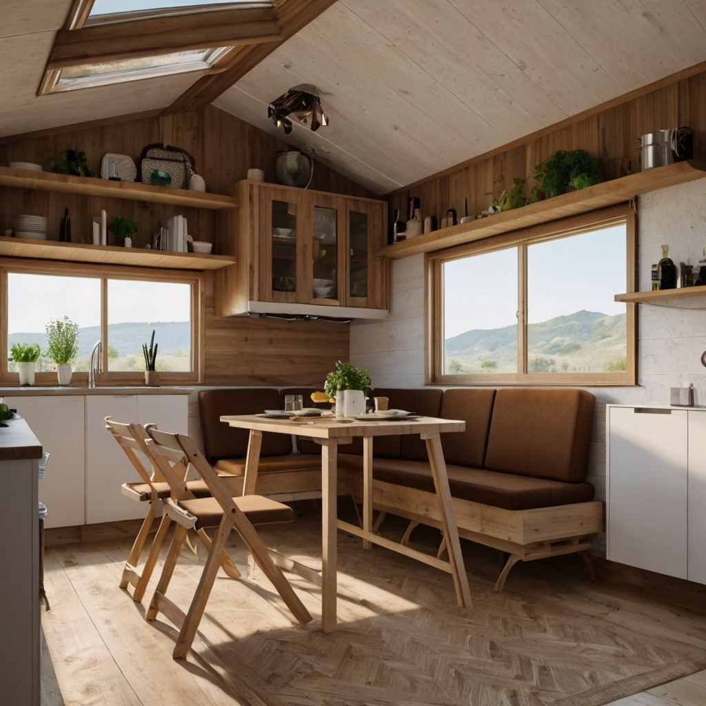 Compact foldable dining set blending neatly into a tiny modern apartment. Space-saving furniture design perfect for flexible, lively gatherings.