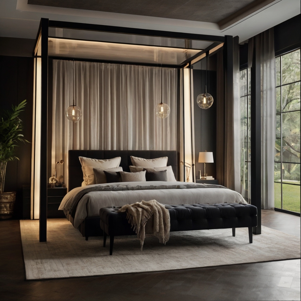 Sheer white drapes float around a sleek canopy bed. Dreamy and regal atmosphere elevates this luxe sleep sanctuary.