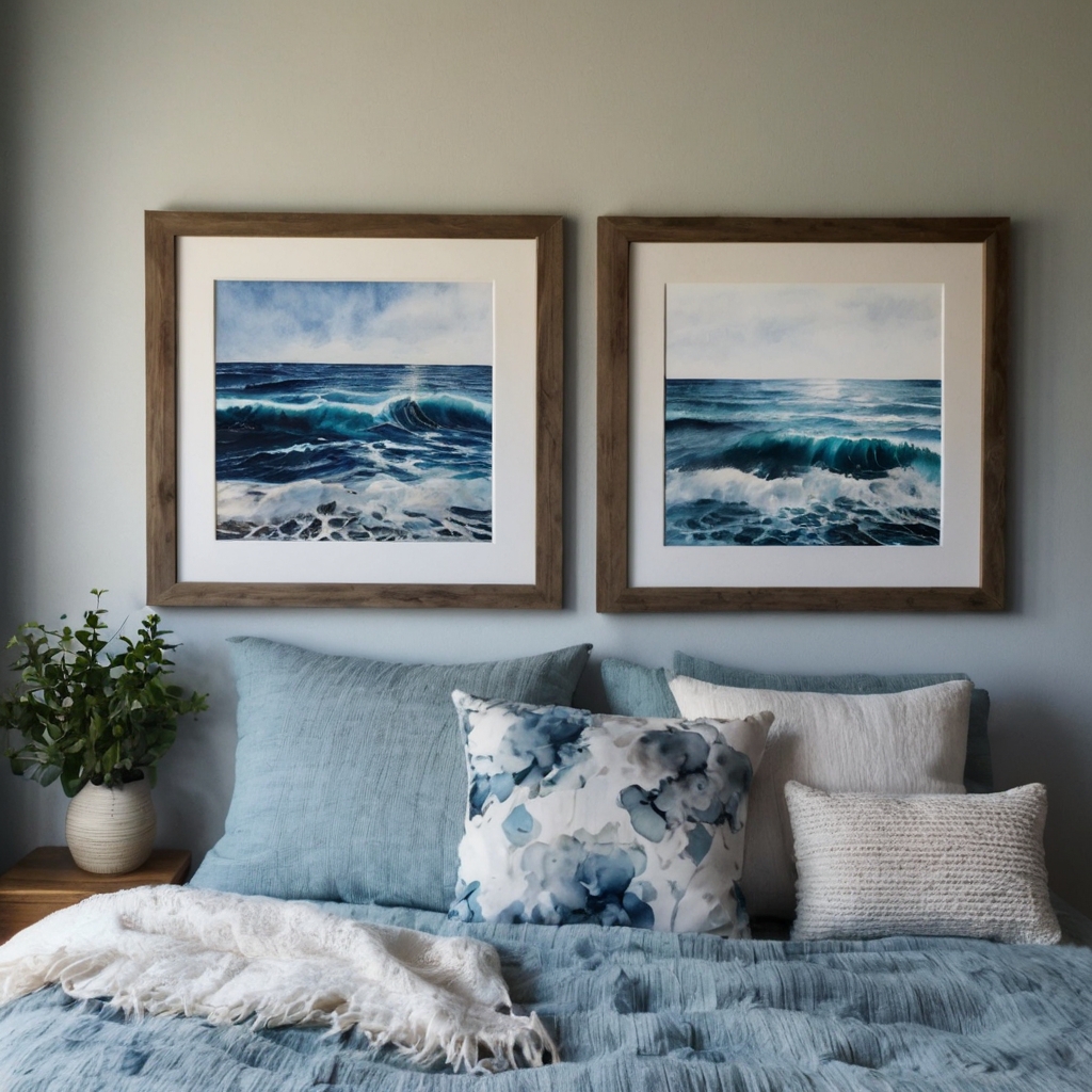 Ocean watercolor art brings soft blues and beach energy. Framed neatly to add a peaceful touch.