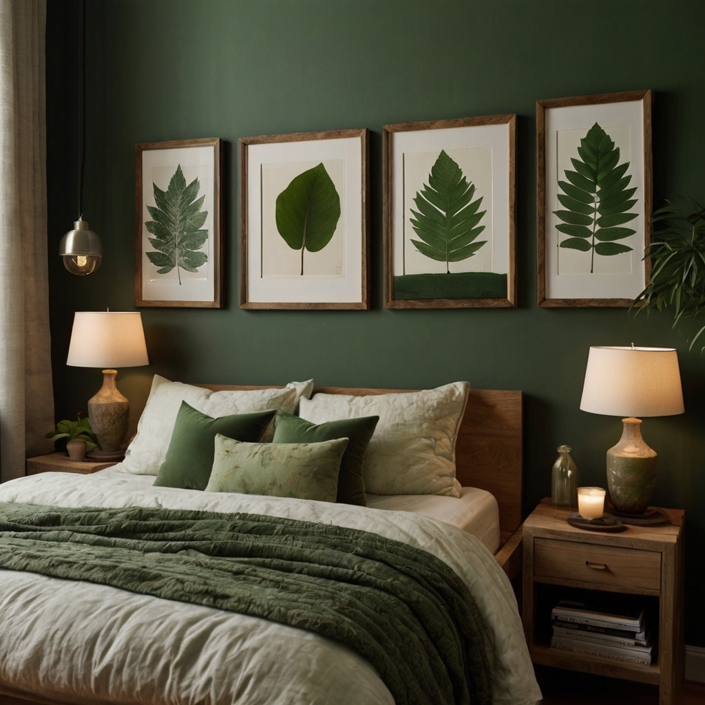 Pressed botanical leaves framed simply in wood hang above a rustic bed. Natural greenery preserved against clean walls adds subtle earthy calm.