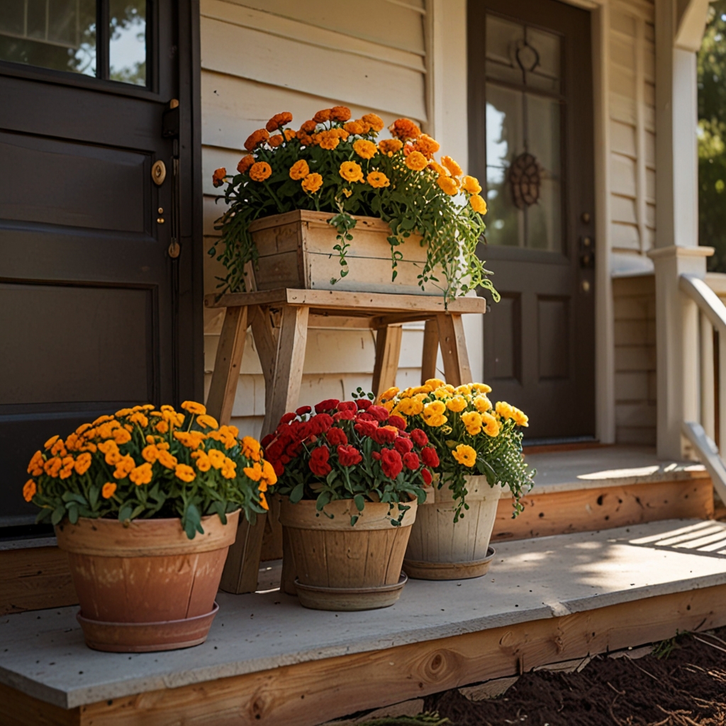 Tiered planters with roses and marigolds brighten a cozy porch. Eye-level view captures soft shadows and warm textures on siding.