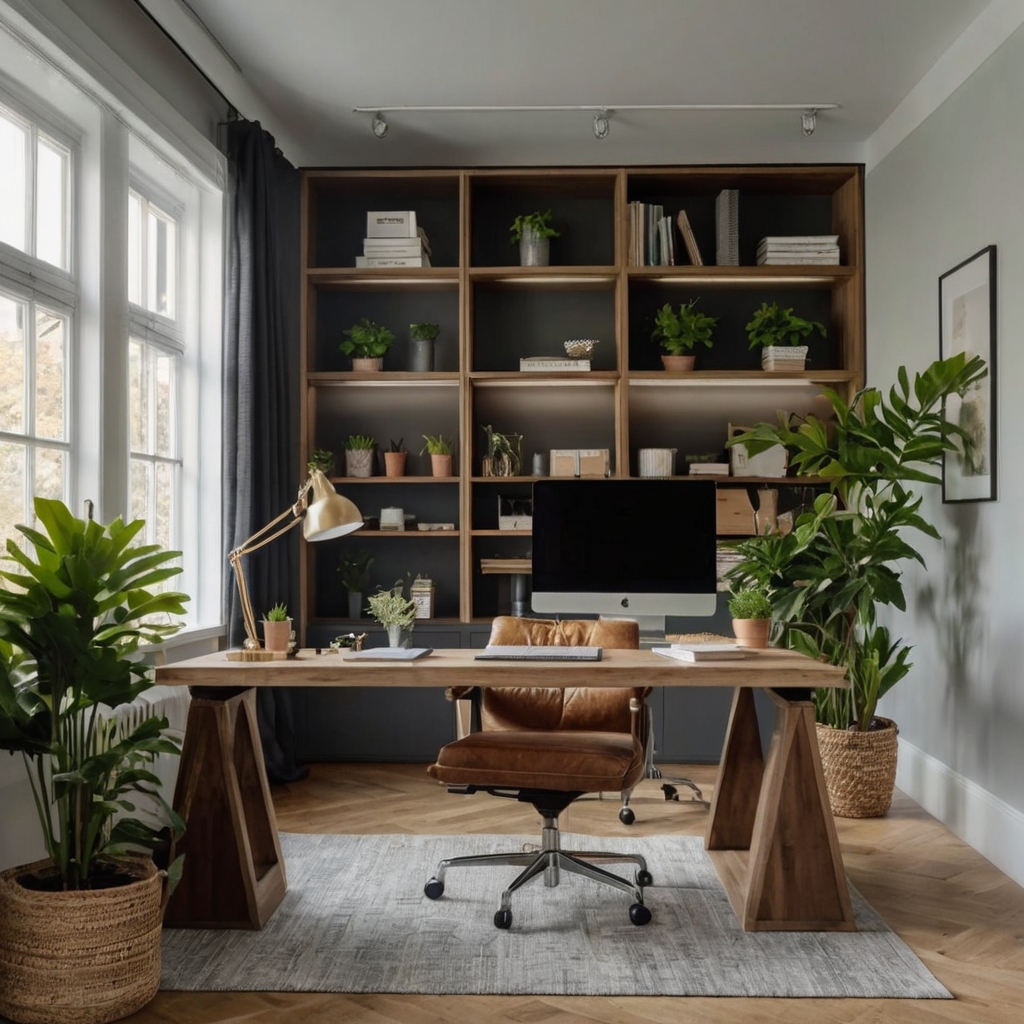 A craft office with multi-functional furniture and built-in storage. Bright lighting highlights the clean, clutter-free workspace with added touches of greenery for calm.