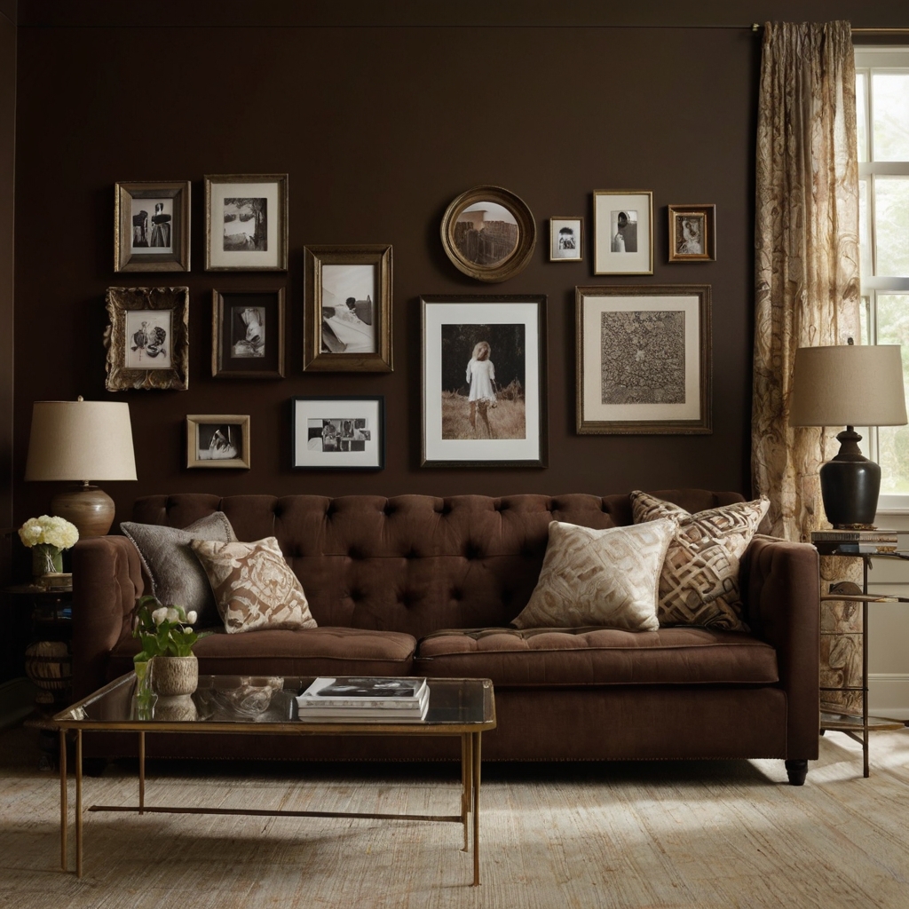 Eclectic framed gallery behind chocolate couch in softly lit setting. Warm shadows highlight contrast and artistic asymmetry.