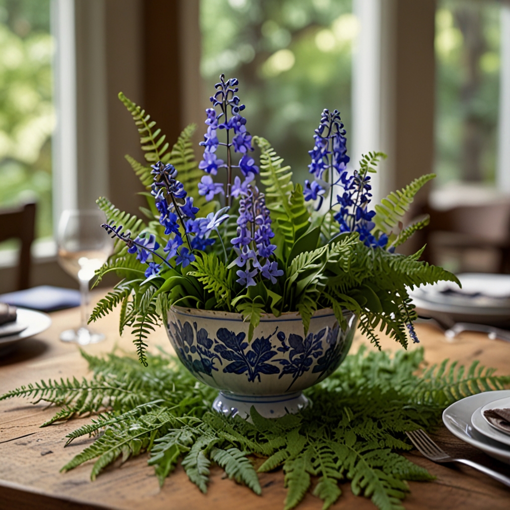 Bluebells and fern leaves intertwine in a lush, enchanted mix, garden-inspired and naturally magical. Light filtering through greenery highlights soft blues and wild textures.