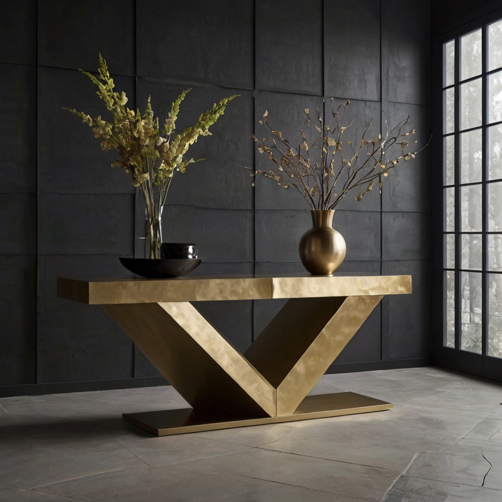 Bold geometric console table defining a chic, modern entryway space. Sharp lines and sleek materials set a stylish, welcoming tone.