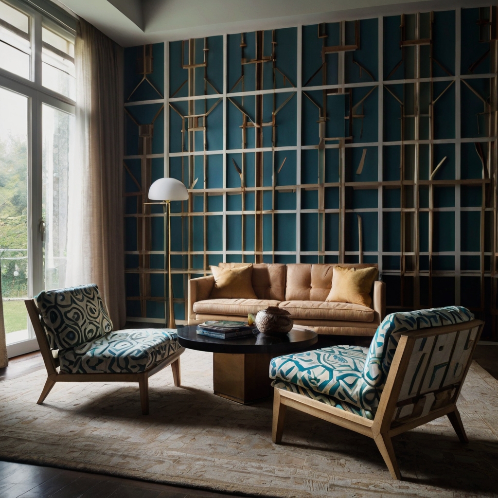 Bold geometric patterns in contrasting colors give these painted chairs a contemporary edge. Sharp lighting highlights their angles and structure in a modern living room.