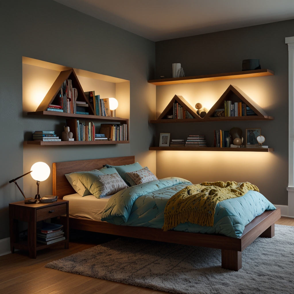 Bold shapes—triangles, hexagons—form a bookshelf wall filled with color-coded books. Angular shadows enhance visual impact.