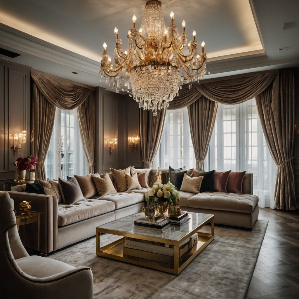 A glamorous living room with luxurious velvet cushions and a crystal chandelier. Soft lighting highlights the opulent details, creating a sophisticated atmosphere.