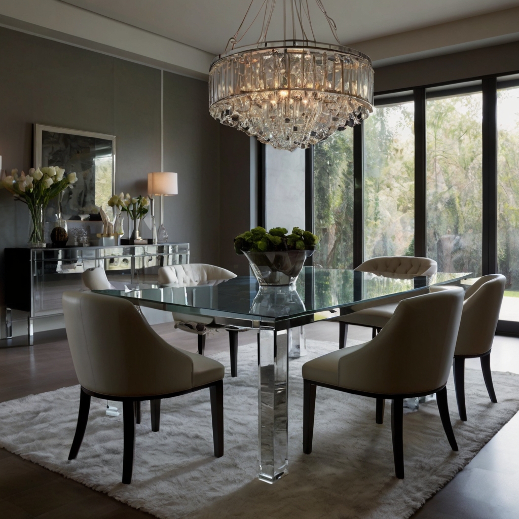 Crystal-clear glass dining table reflecting pendant lights in a minimalist room. Dim ambient lighting and spacious layout emphasize sleek interior style.