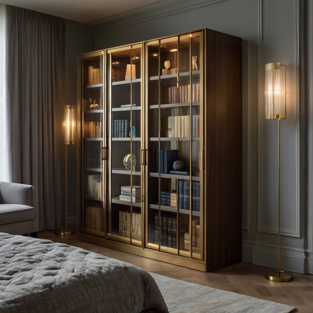Books line shelves behind elegant glass doors in a bright bedroom corner. Reflections and warm cabinet lights highlight covers.