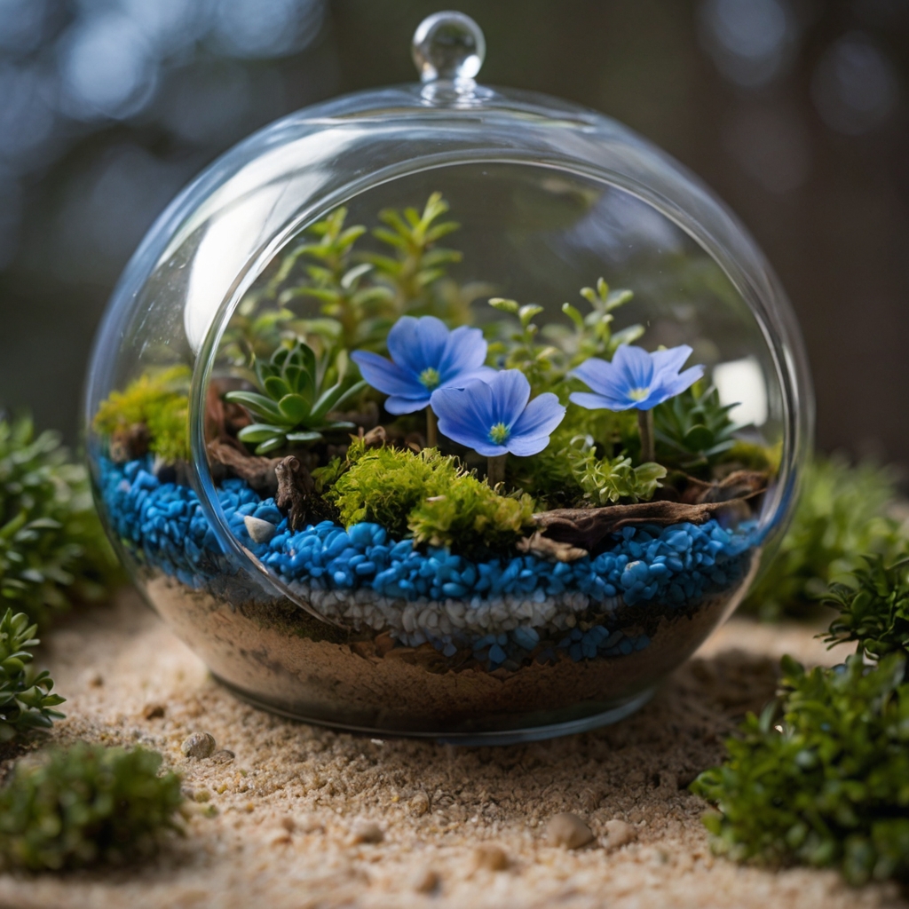 Blue florals bloom inside a glass terrarium, surrounded by moss and sand for an earthy effect. Reflected light adds depth, turning this arrangement into a lush mini ecosystem.