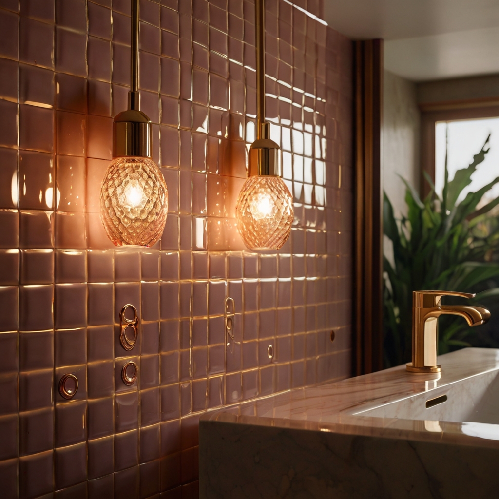 Porcelain bathroom glowing under pendant lights with blush tiles and golden hour tones. Light transforms the entire space.