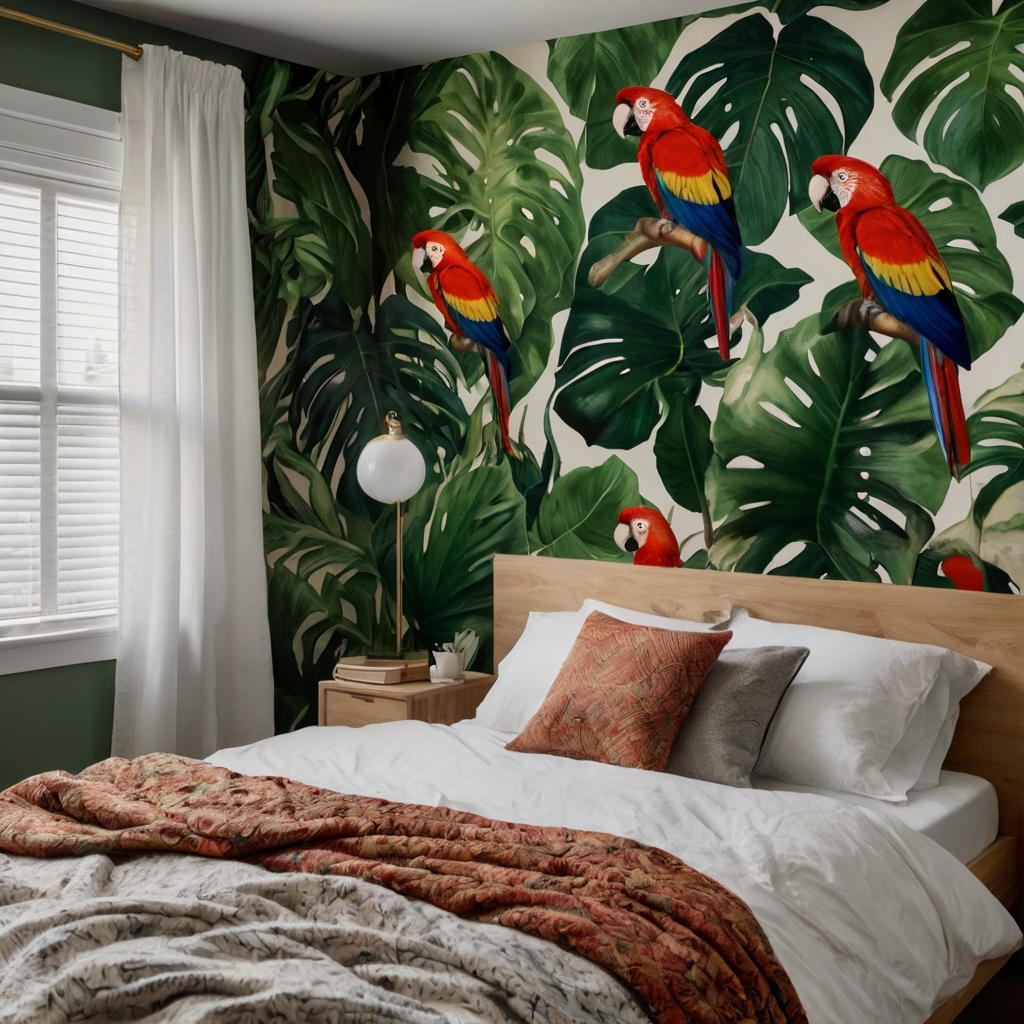 Bold tropical wallpaper with large green leaves adds exotic drama. Paired with minimal décor for balance.
