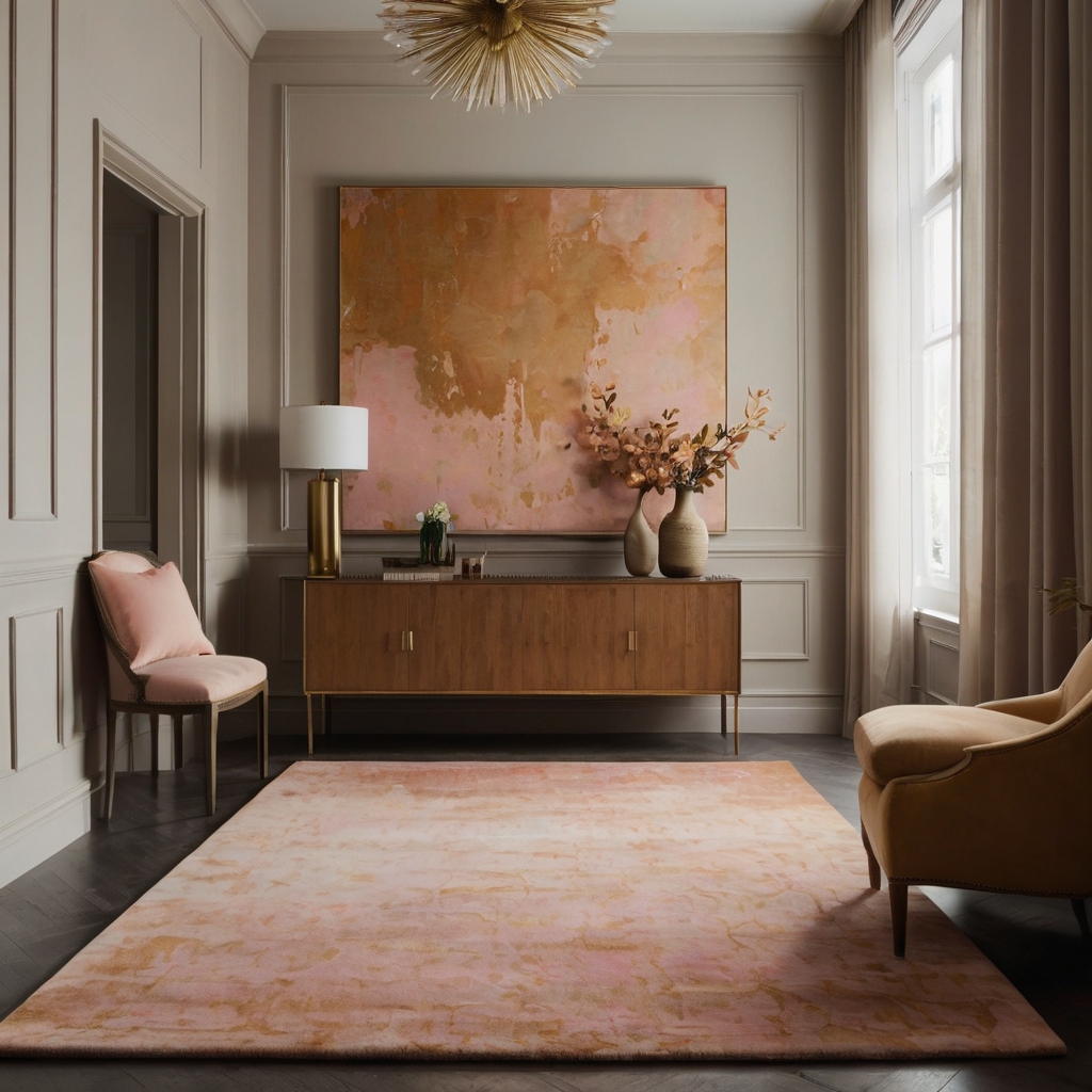 Blush art paired with ochre rugs creates a chic, calming vibe in any living area. The soft, muted tones evoke relaxation while adding sophistication and warmth.
