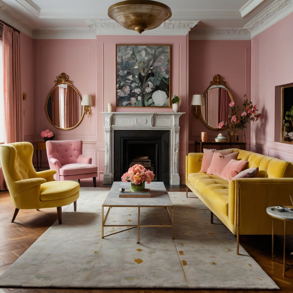 Canary yellow sofas paired with rose armchairs add bold contrast, evoking a retro vibe. Vintage-inspired glass coffee tables reflect the soft pinks, amplifying a fresh, nostalgic look.