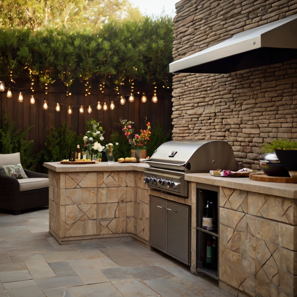 A stylish BBQ kitchen with vibrant tile backsplashes and curved countertops. String lights create a warm, inviting ambiance.
