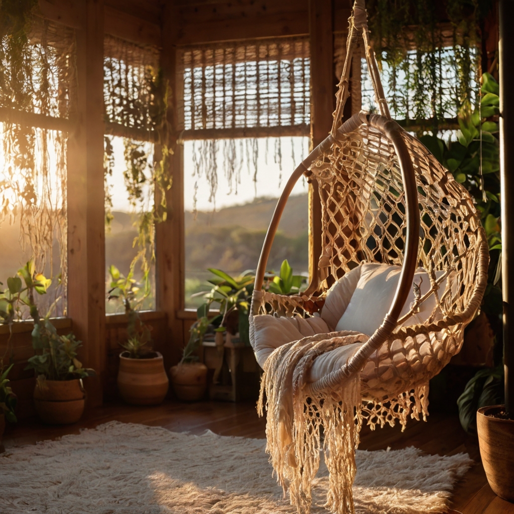 Handmade macrame hammock chair swinging gently in a sunset-lit cozy corner. Warm boho vibes with visible woven textures and soft dreamy atmosphere.