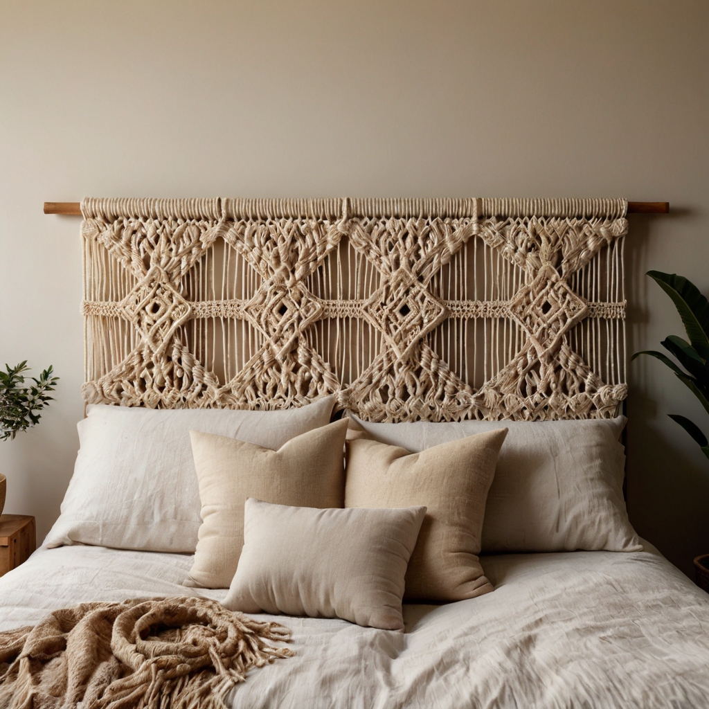 Handmade macrame wall hanging adds texture and charm. Boho-style detail enhances relaxed summer decor.