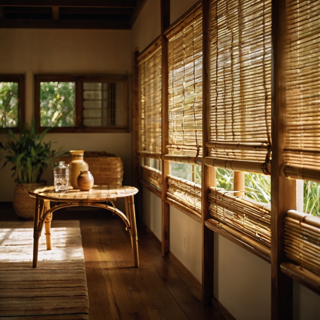 Sunlight filters through woven bamboo shades, casting soft golden stripes across a boho bedroom. Natural light control blends rustic charm with comfort.