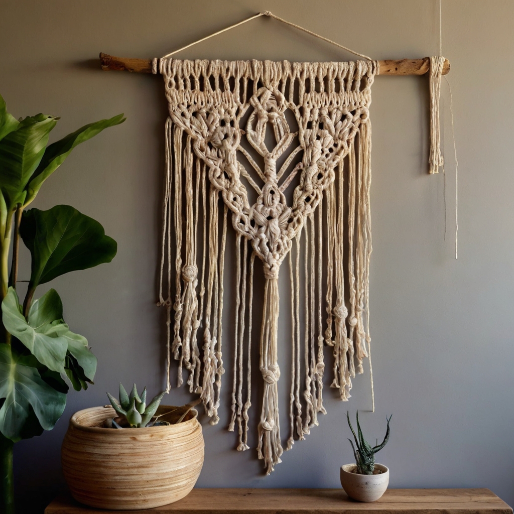 Hand-knotted macrame hangs on a rustic wall above a wooden bed frame. Driftwood supports and flowing fringes bring soft earthy boho character.