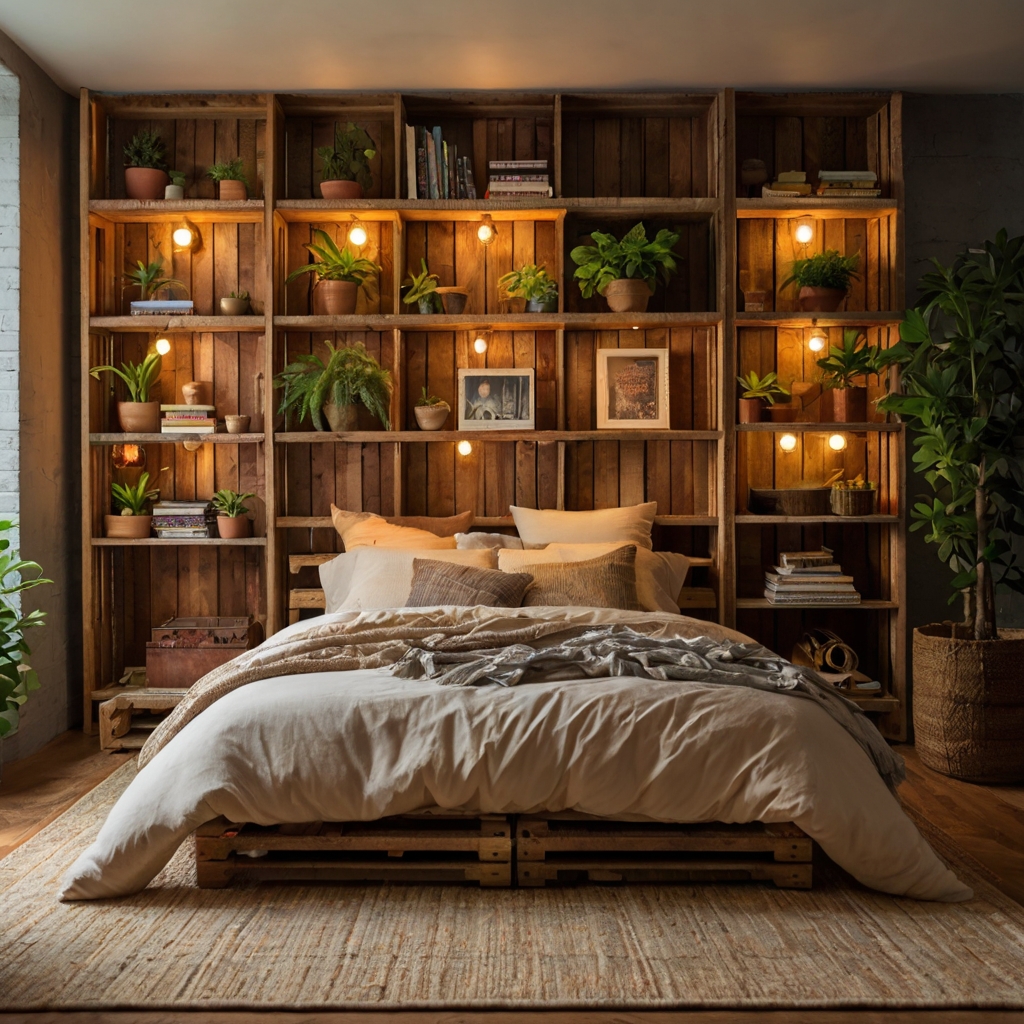 Rustic wooden crates above the bed showcase books and plants. Golden hour light adds warmth and texture to the setup.