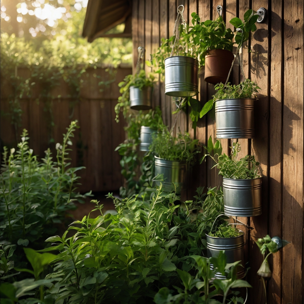 Rusty cans hang on ladders holding fresh herbs like mint and basil. Vertical garden wall adds scent and life to backyard spaces.