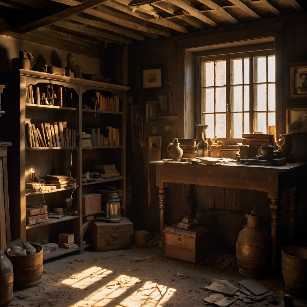Dim basement lighting reveals forgotten relics, with beams of sunlight unveiling vintage items covered in dust. The atmosphere feels mysterious.