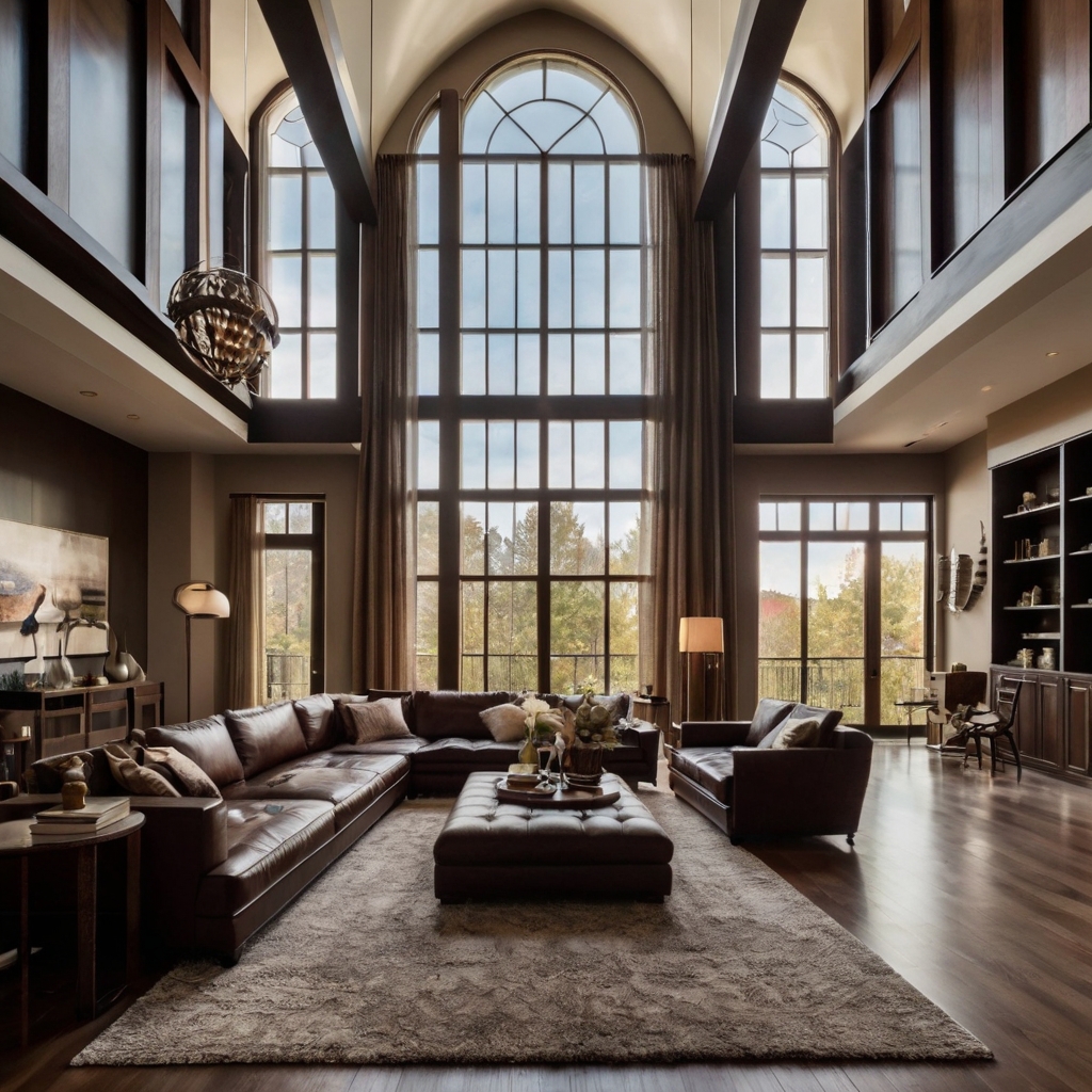 Chocolate couch anchors a grand room with high ceilings and daylight. Vertical lines enhance modern spaciousness.