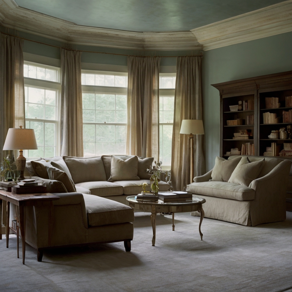 Velvet floors and drifting curtains float beneath ethereal light. Dreamy shadows create a timeless, memory-infused sanctuary.