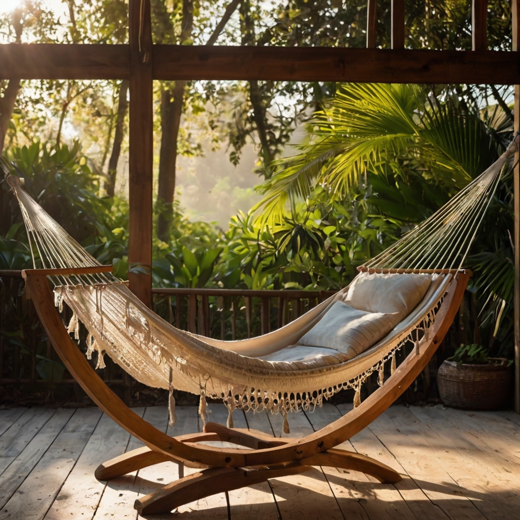 DIY hammock stand made with wooden beams sways gently in shade. Cotton fabric and rope offer comfort beneath leafy trees.