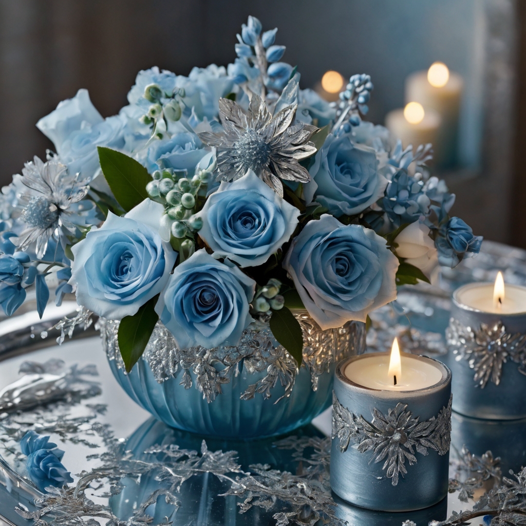 Elegant ice-blue bouquets with shimmering silver sprays in a frosty, candlelit setting. Ethereal textures and soft reflections evoke a winter dream.