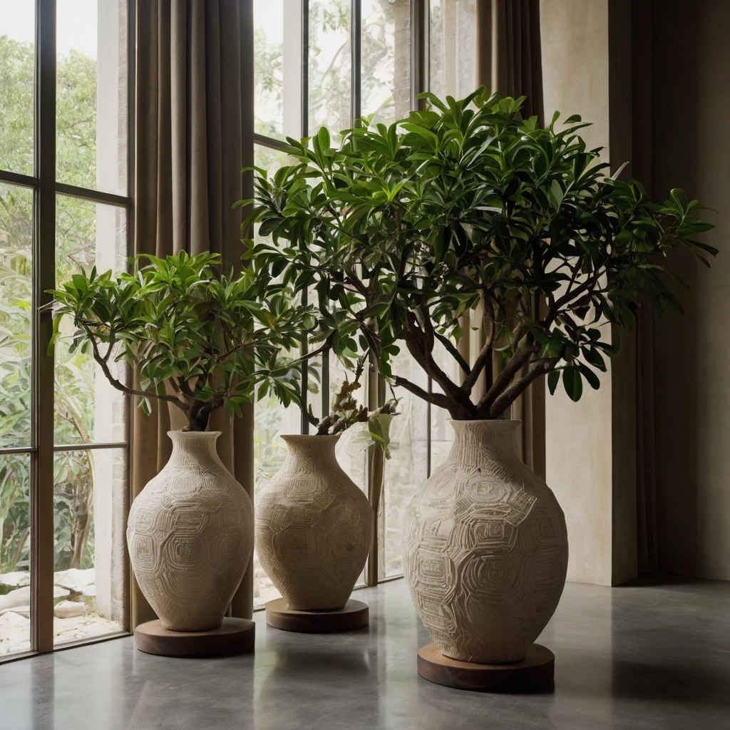 Fiddle fig and olive tree in sculptural pots accent the room. Organic luxury breathes life into this elegant bedroom.