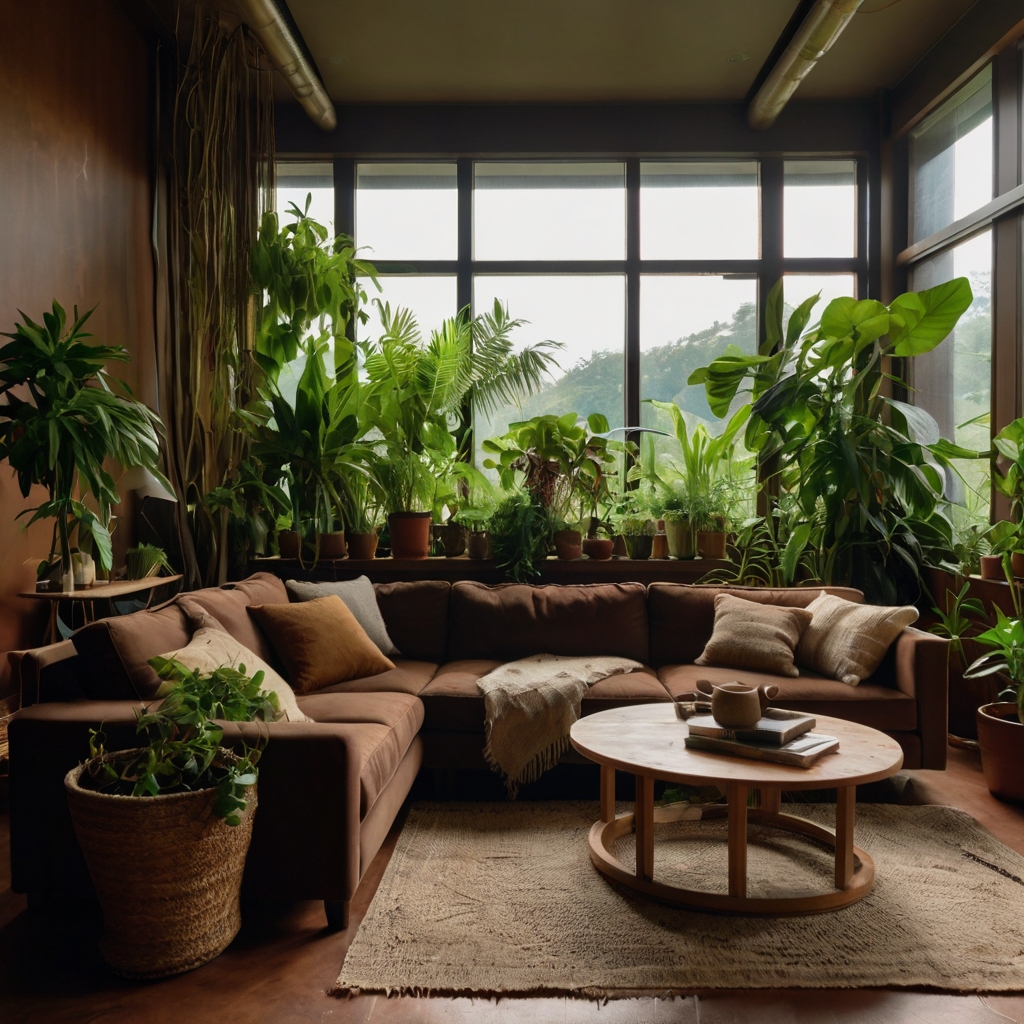 Chocolate couch surrounded by lush indoor greenery in soft daylight. Earthy tones blend with biophilic calm.