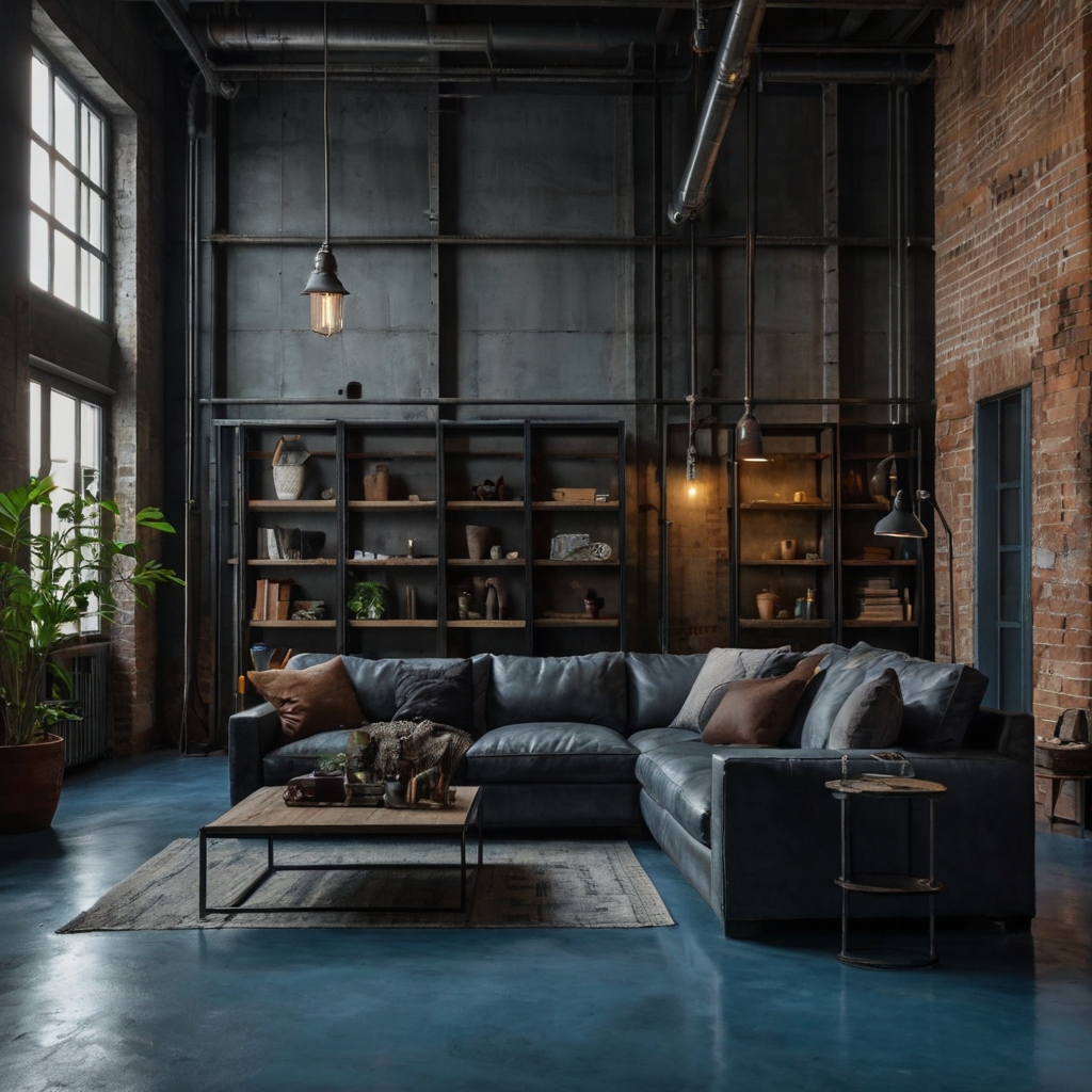 Create an industrial blue grey room with exposed brick and raw concrete elements. Soft lighting highlights the rugged, urban design.
