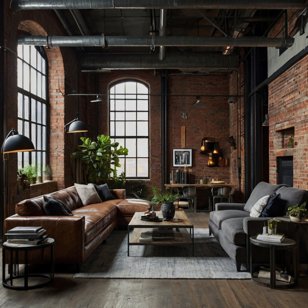 Bold industrial living room with exposed brick walls and metal furniture. Warm pendant lighting softens the rugged textures.