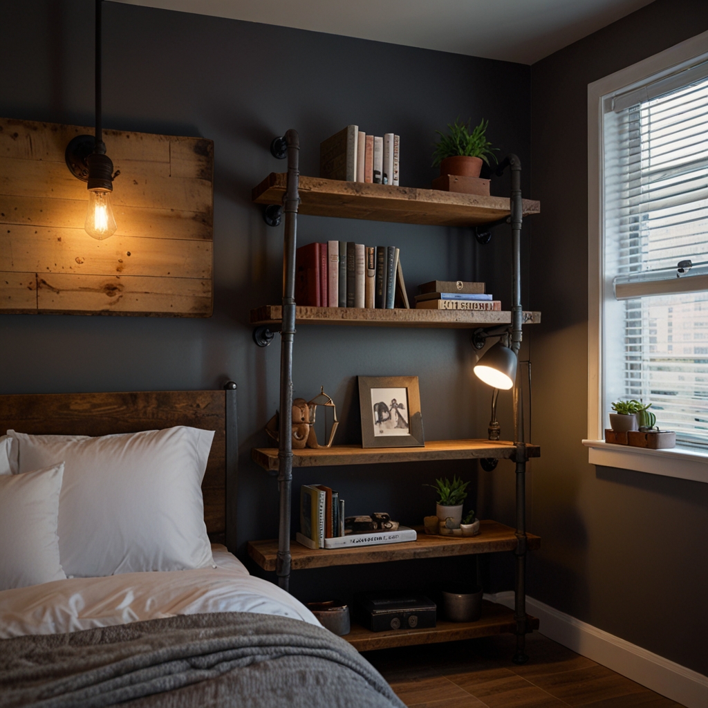 Metal pipe shelves on a loft wall hold books in rugged style. Harsh lighting emphasizes metal textures and cozy contrast.