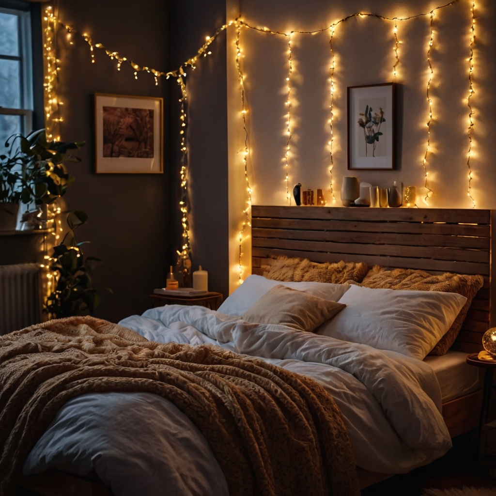 Amber fairy lights twinkle gently around a dreamy earthy boho bedroom. Soft glows wrap the walls and bed in late-night serenity.