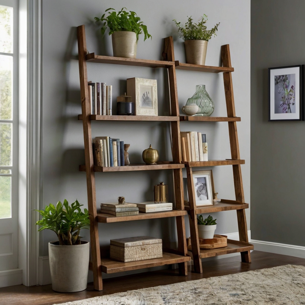 Tall ladder bookshelf climbing gracefully against a slim neutral wall. Smart vertical storage solutions blending books and greenery stylishly.