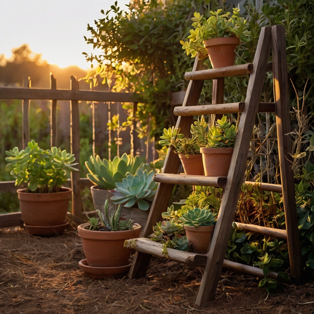 Leaning ladder shelf holds pots with herbs and trailing vines. Old wood and clay planters blend with ivy-draped fences.