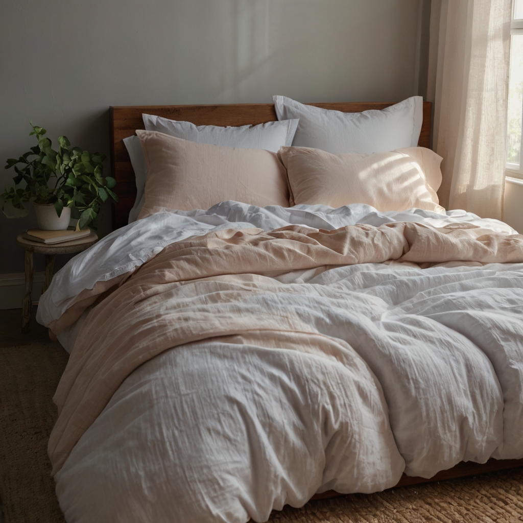 Light cotton bedding in soft pastels creates a fresh summer bed. Breathable textures offer seasonal comfort.
