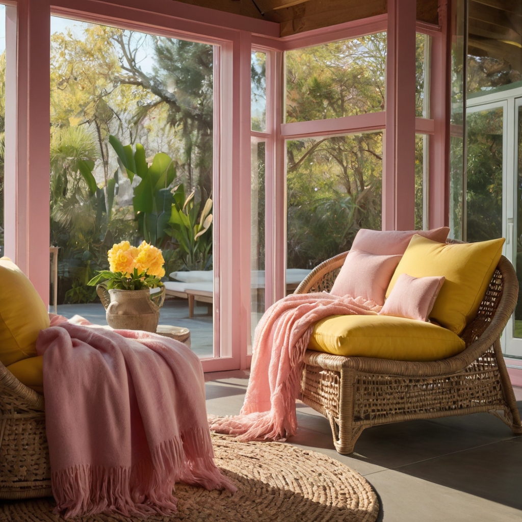 Layering soft pink throws over sunny yellow loungers creates a cheerful yet relaxing sunroom. The light fabrics flow with the breeze, adding a sense of freedom and comfort.