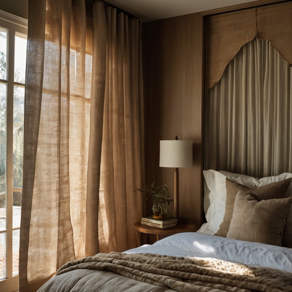 Light linen curtains dance behind heavier cotton drapes in a sunlit earthy boho bedroom. Airy movement and cozy textures layer the windows perfectly.