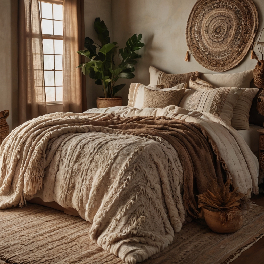 Soft woven throws, cotton linens, and furry accents layered on a bed create a cozy earthy boho bedroom. Natural textures invite warmth and touch across a neutral-toned space.