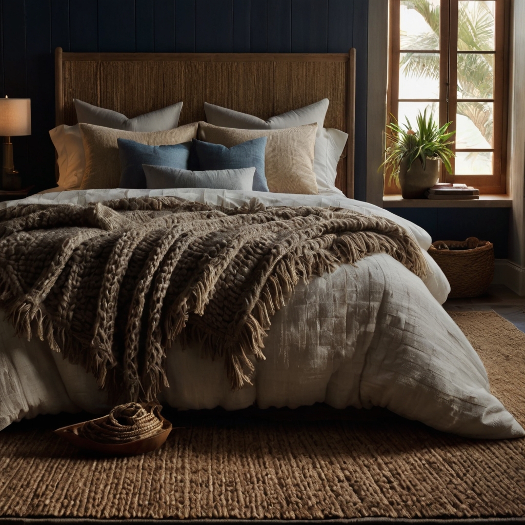 Coastal space combining velvet, linen, and thick knits. Deep textures and shadow layers enhance tactile depth.