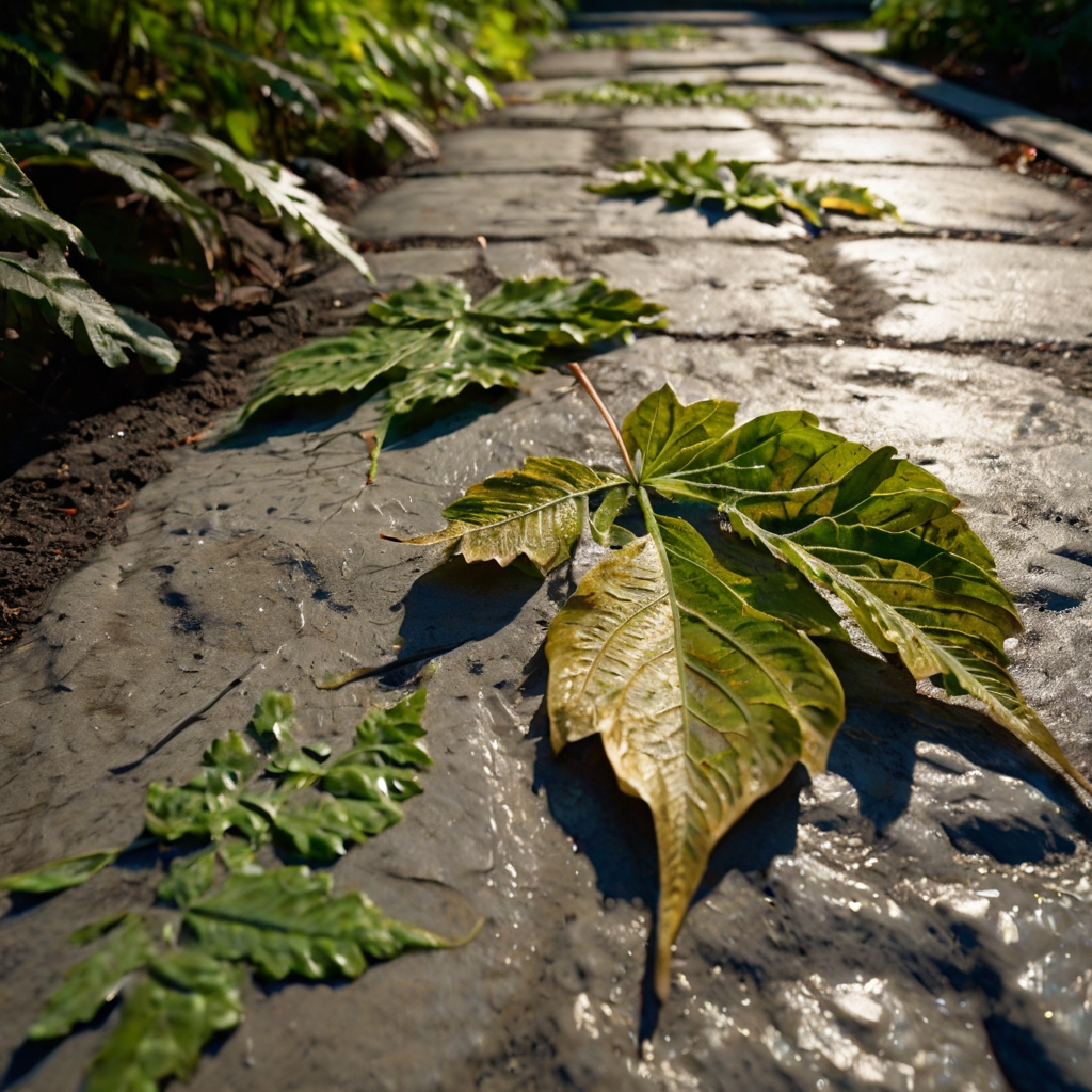 Stone paths stamped with real leaf prints show detailed veins. Nature-inspired textures lead through sunlit garden trails.