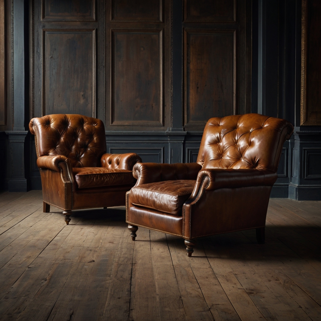 Weathered leather lounger glowing in a rustic sun-drenched corner. Timeless classic furniture aging beautifully with rich worn textures.
