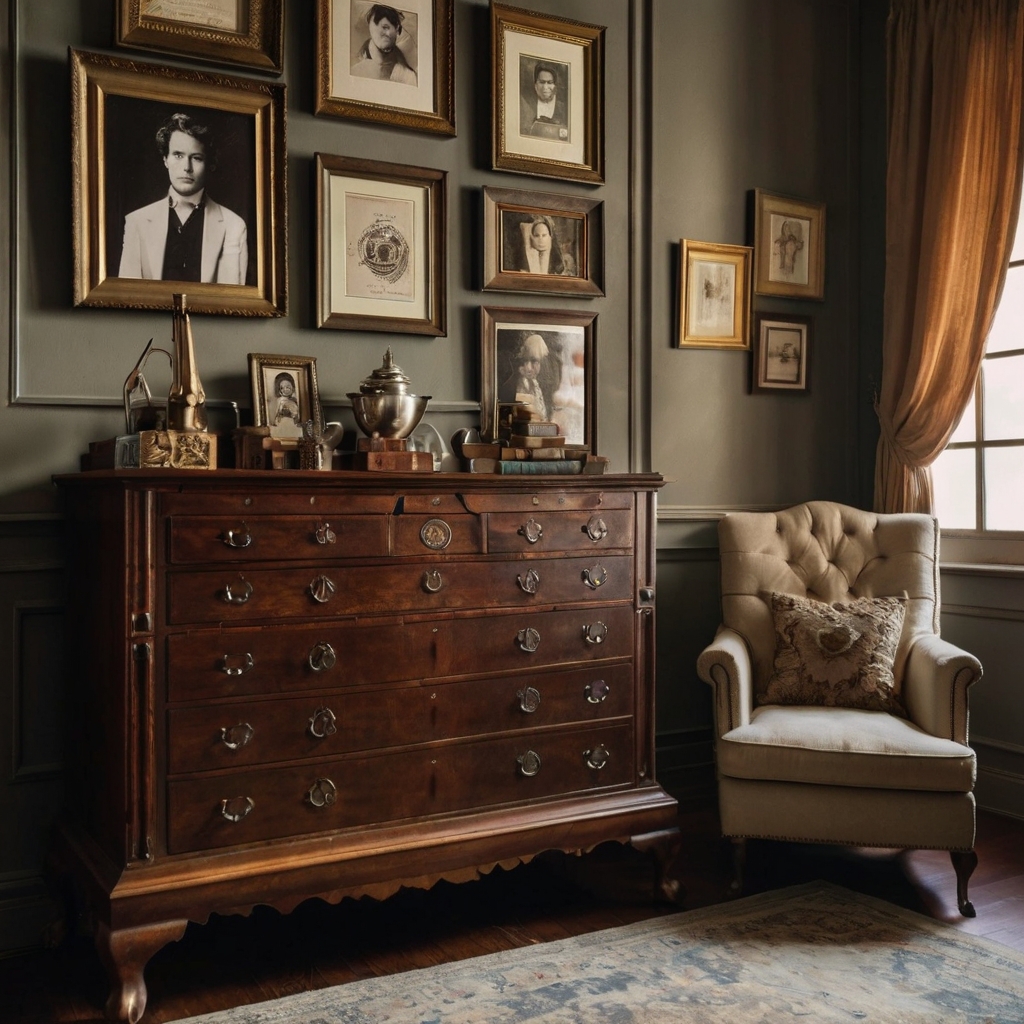 A modern room with family heirlooms displayed under gentle lighting. The scene blends sentimental value with timeless elegance.
