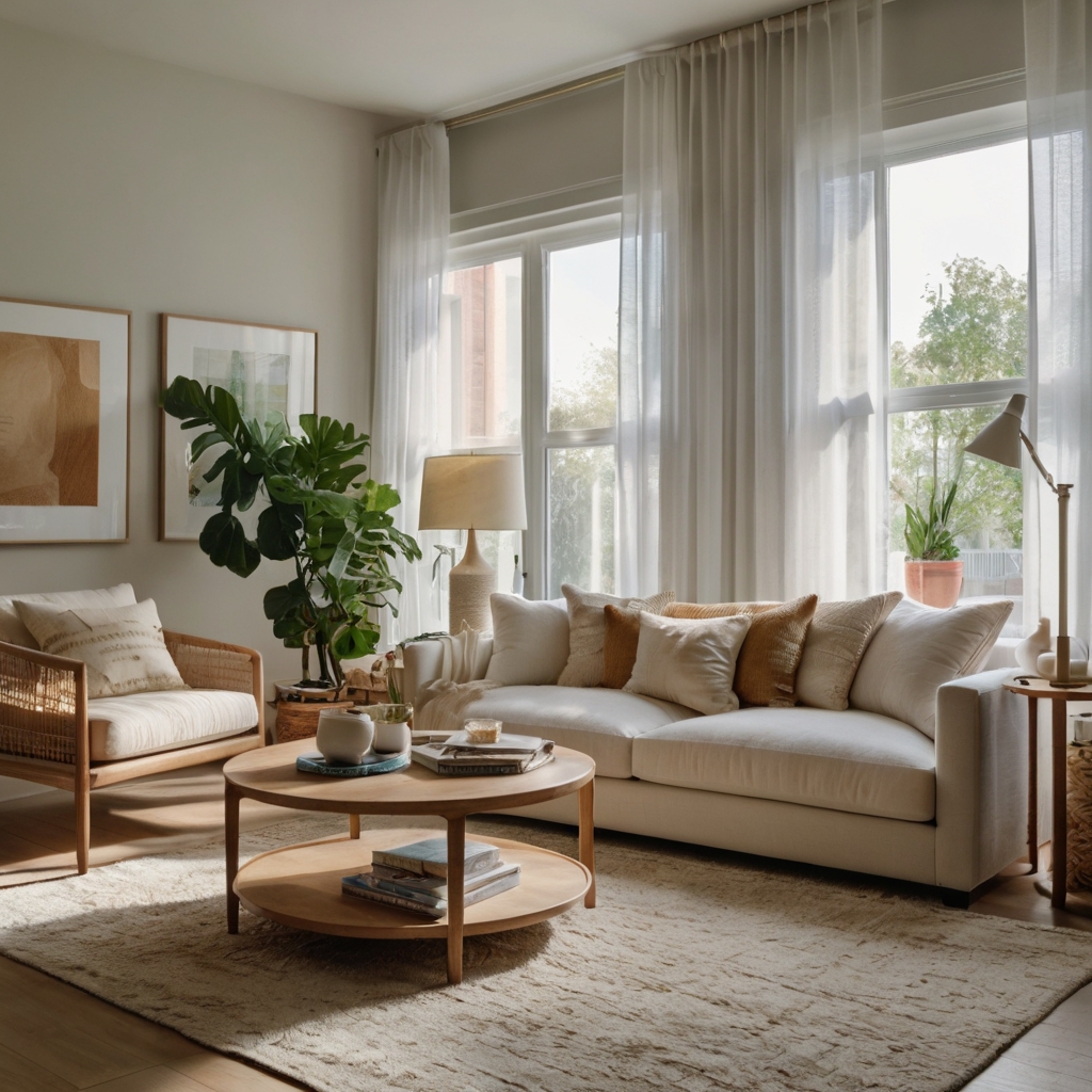 Airy living room with sheer curtains, beige sofa, and light wood decor. Sunlight pours in, creating a fresh, relaxed vibe.