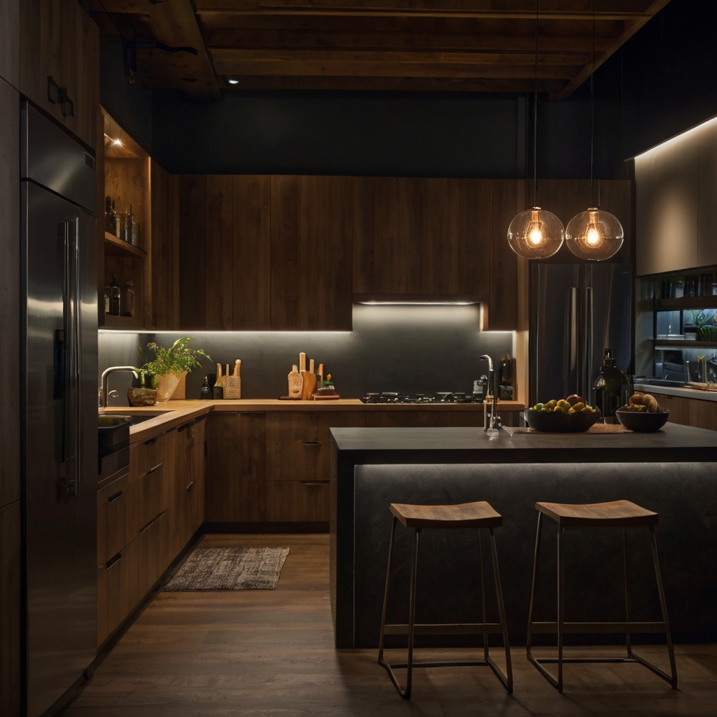 Slim kitchen with layered lighting and glowing ambient effects. Wide view highlights pendant, puck lights, and under-cabinet LEDs.